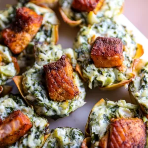 Spinach-Artichoke-Salmon Dip Wonton Cups